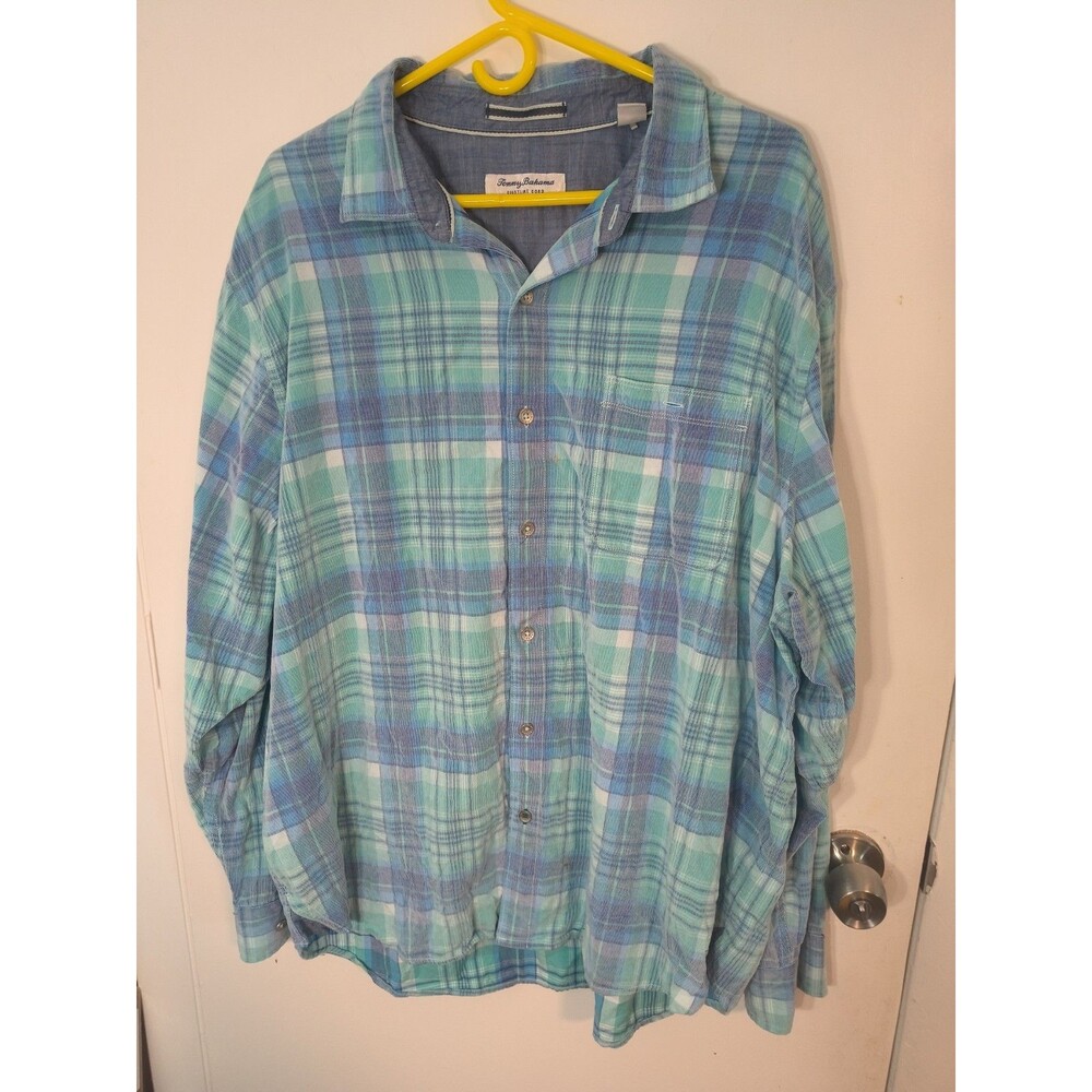 Tommy Bahama Coastline Cord Mens XXL Blue Green Plaid Corduroy Button Down Shirt